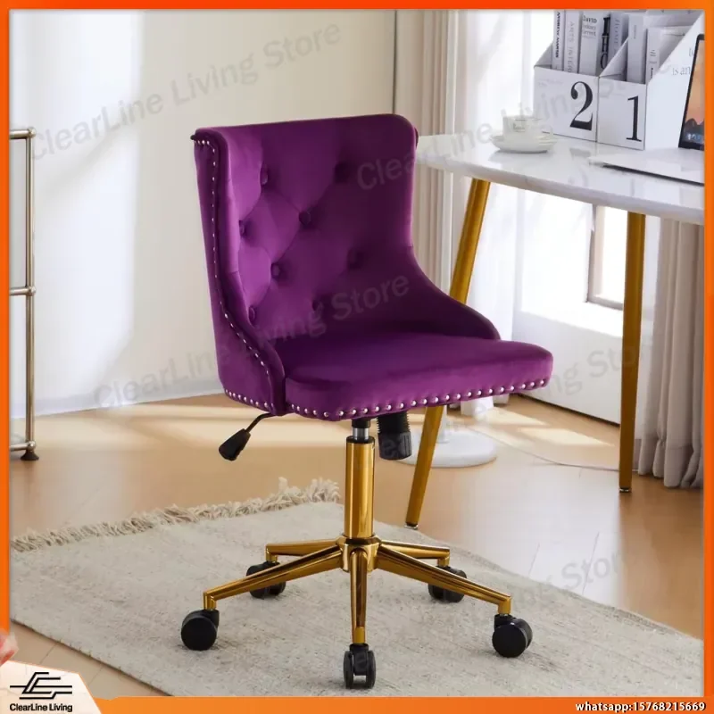 Dark Purple Armless Office Chair with Gold Base and Casters Ergonomic Desk Chair for Home Office Bedroom Vanity Makeup Chair