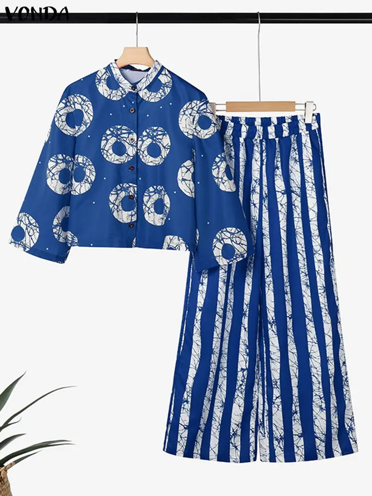 VONDA Plus Size Pant Set Donna 2 pezzi Abiti Autunno Manica 3/4 Moda Bohemian Camicie Pantaloni a gamba larga Stampa vintage 2 pezzi 5XL