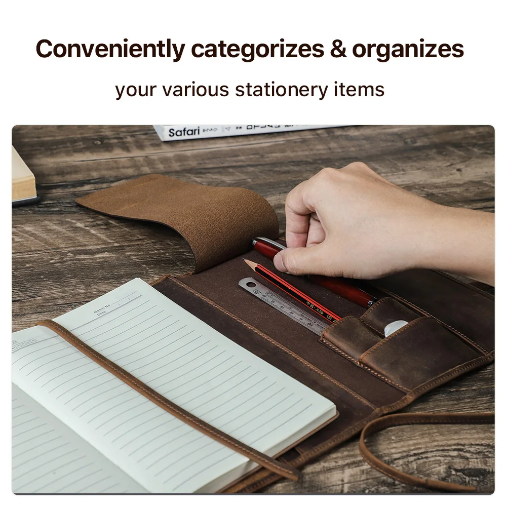 ヴィンテージクレイジーホースレザーブックカバーノートブックポートフォリオカード消しゴム定規ペンオフィススクールステーショナリーオーガナイザーホルダー