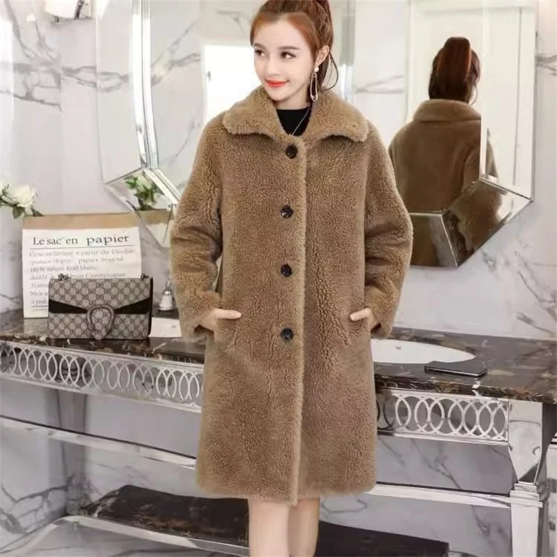 Sheep Cut Velvet Coat for Women Mid Length 2023 Winter New Loose Fitting and Thickened Lapel Particle Wool Faux Fur Female Coat1