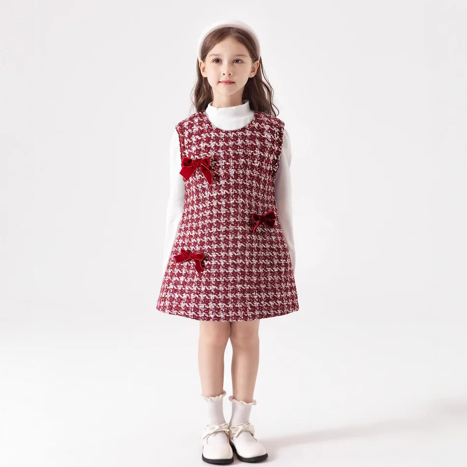 Autumn 1-6Y Kid Girl Sundress Cotton Knotbow Sleeveless Infant Baby Girl Vestido Loose Plaid Fleece Thick Little Girl Vest Dress