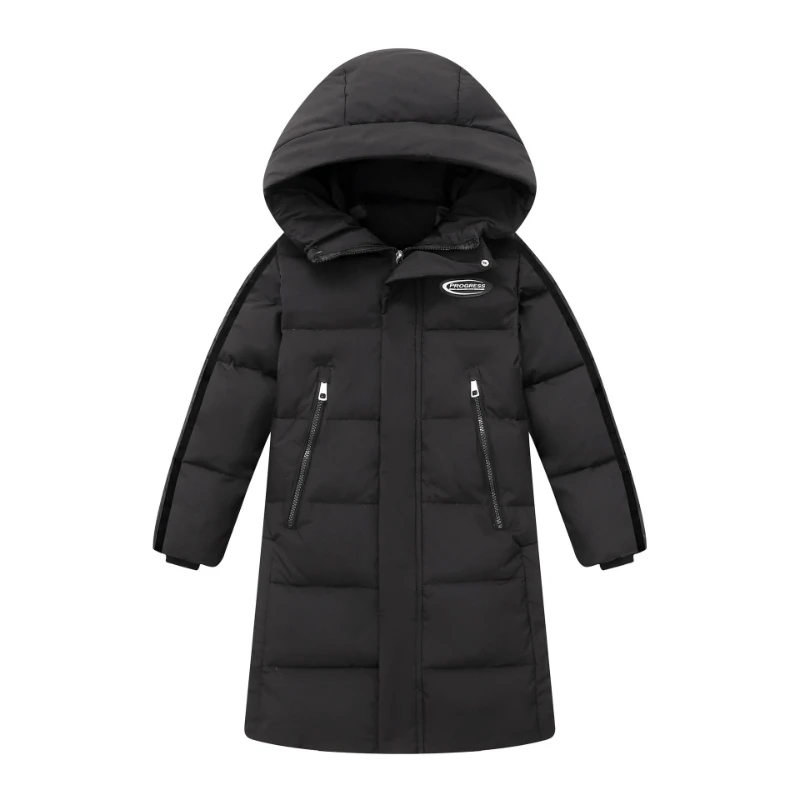 Winter Down Jacket for Kids Black Hooded Windproof Coats Teen Boys Mid-long Outerwear Children Thicken Warm Overcoat 6 8 10 12 Y