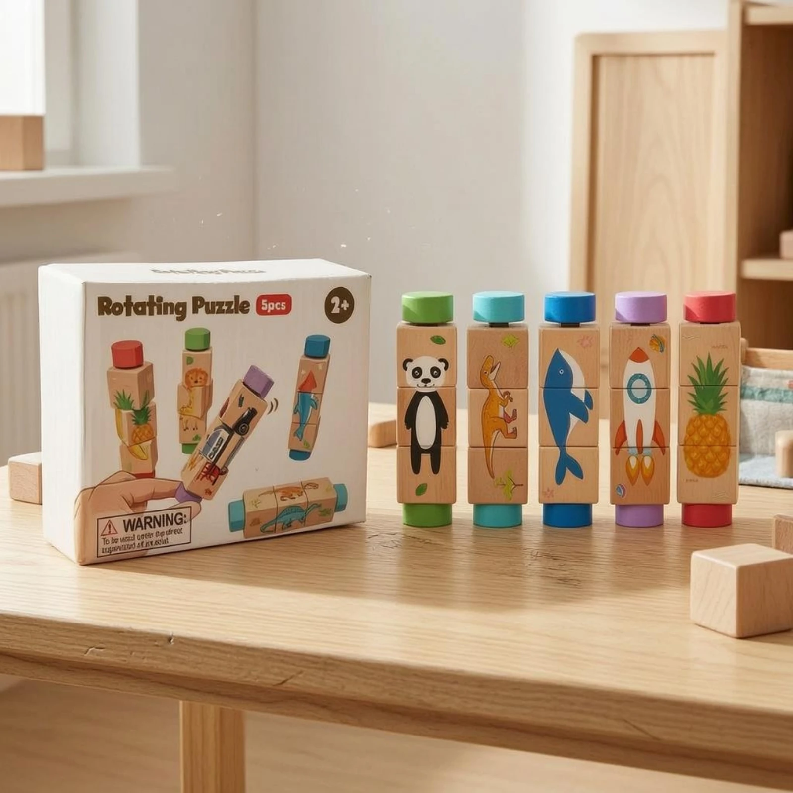 

5 Pieces Wooden Rotating Puzzle Early Learning Cylindrical Block Puzzle Picture Block Toy Hand-Held Fine Motor Skills
