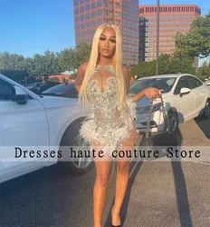 Luxury Beaded Silver Crystals White Feather African Women Cocktail Dresses 2025 For Black Girls Birthday Party Gowns Customized