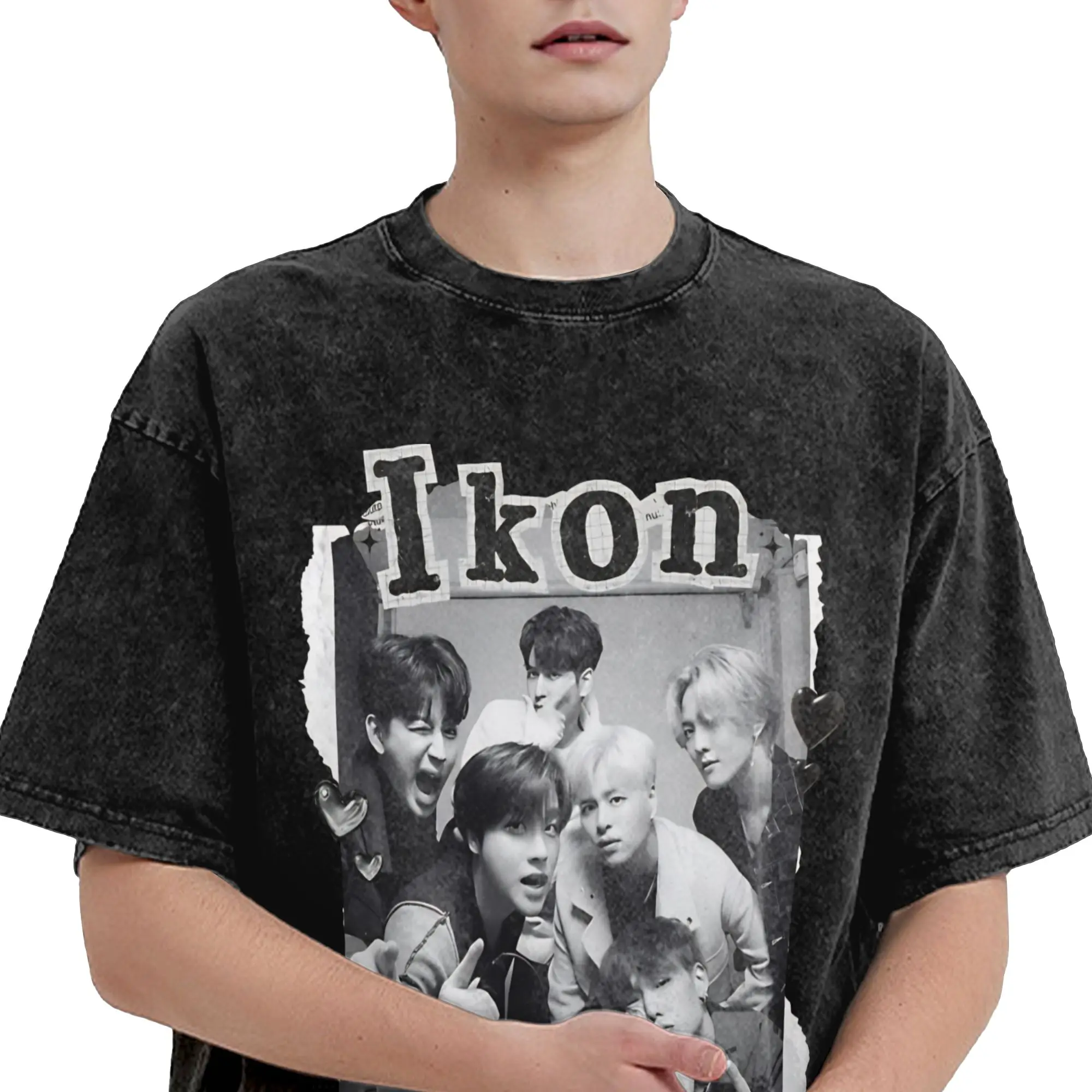 iKON Kpop Group  T Shirts Hip Hop Washed Cotton Street T-Shirt  Fashion Men Women Streetwear Summer Tops Tees