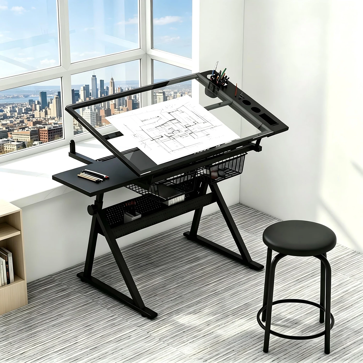 Height Adjustable Drafting Table With Stool, 0-75° Tilting Glass Drawing Desk With 2 Drawers, Art Craft Painting Workstation For Home Office
