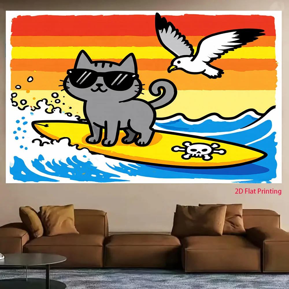 Cool Cat Surfing Tapestry, Retro Sunset Ocean Wall Hanging, Funny Animal Beach Decor for Bedroom Dorm Living Room