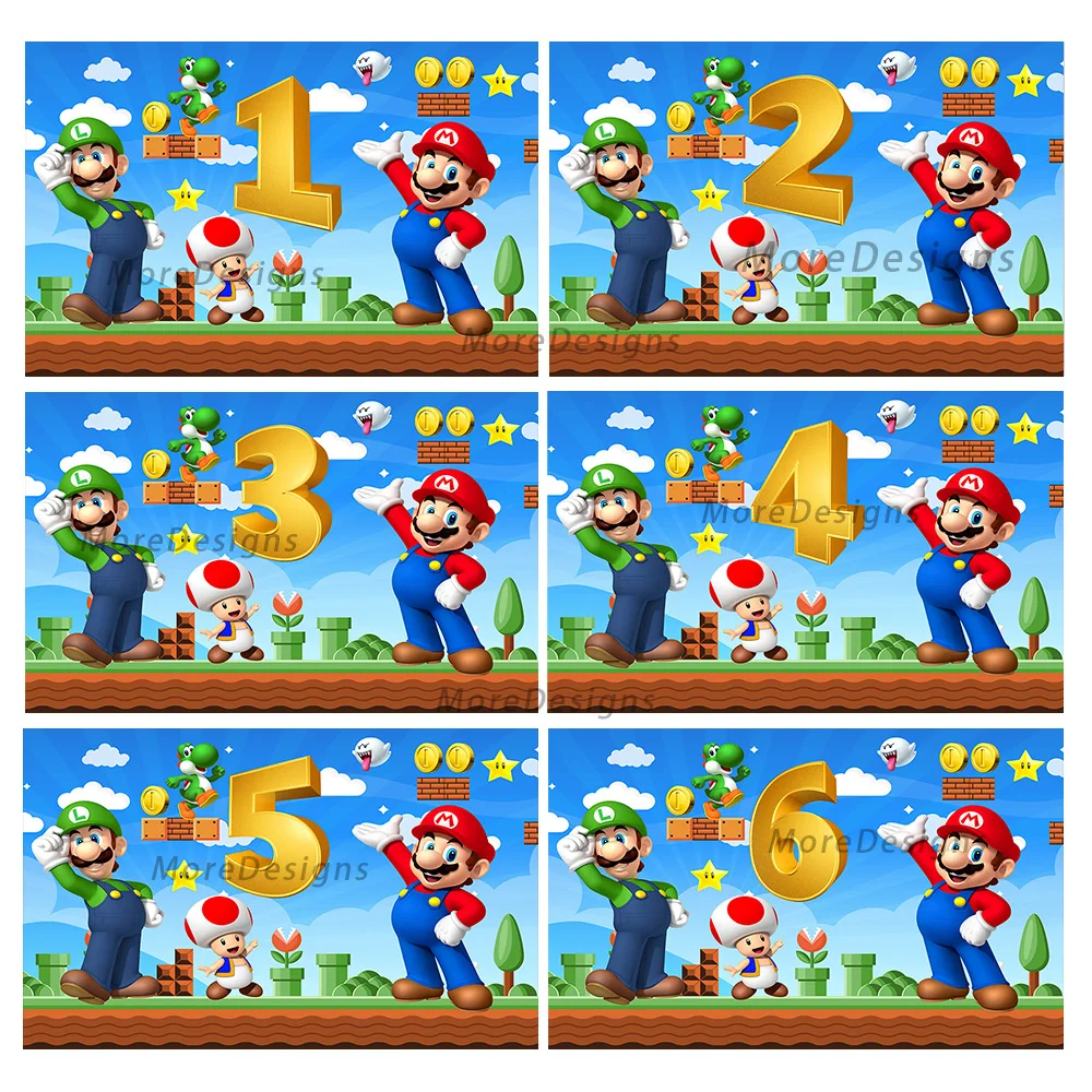 생일 사진 배경 슈퍼 마리오 테마 배너, 어린이 파티 장식, 만화 게임 비닐 폴리에스터 사진 배경