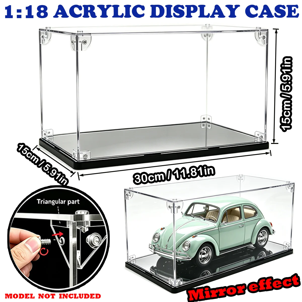 Upgraded 1:18 Acrylic Transparent Display Box | with Mirror Base | Tool-Free Snap-On Installation | Stable and Not Easy to Fall Apart | Suitable for Car Models/Figurines/Architectural Models