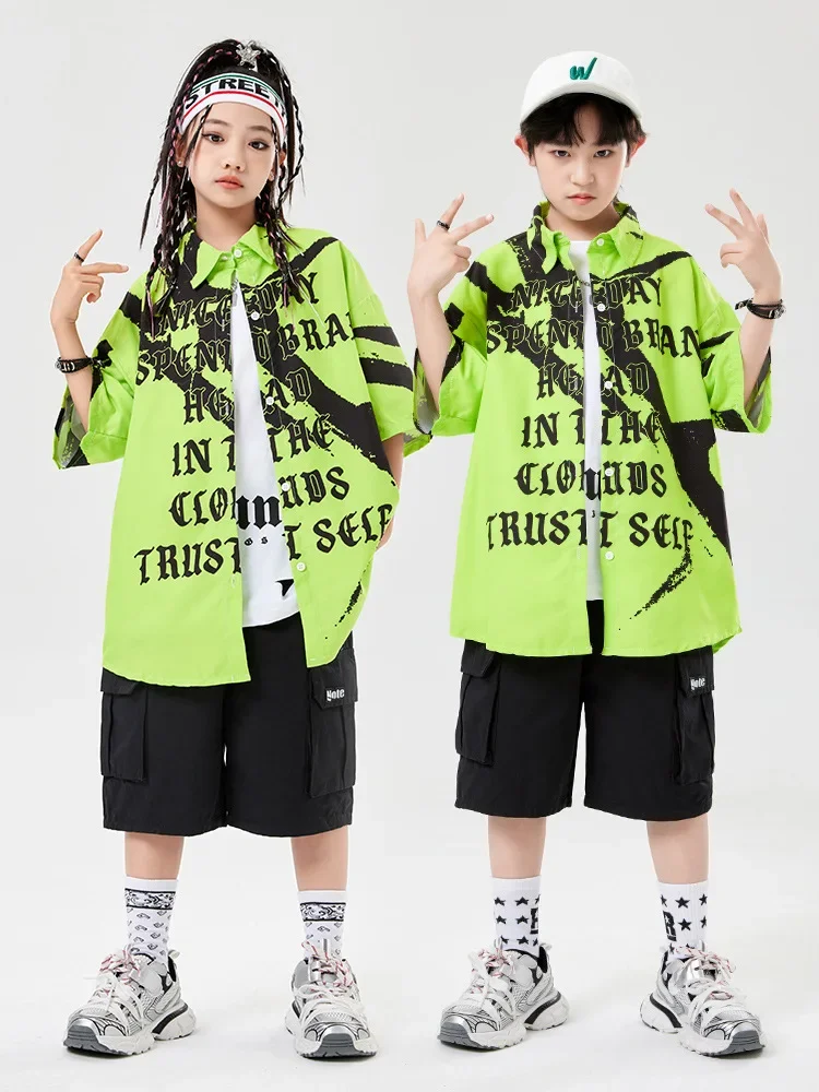 ชาย Hip Hop ชุดเสื้อยืดสีเขียว Street Dance สีดํากางเกงขาสั้นสินค้าหญิง Streetwear เด็กห้องบอลรูมเสื้อผ้าเครื่องแต่งกาย
