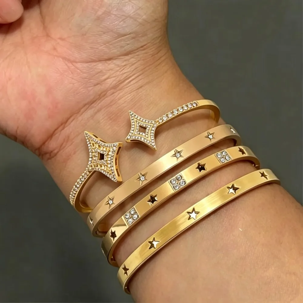 Modischer Stapelbarer Armreif für Damen, Hohler Stern mit Gravur, Zirkonia-Armbänder, für Dating, Urlaub, Alltag, Schmuckgeschenk