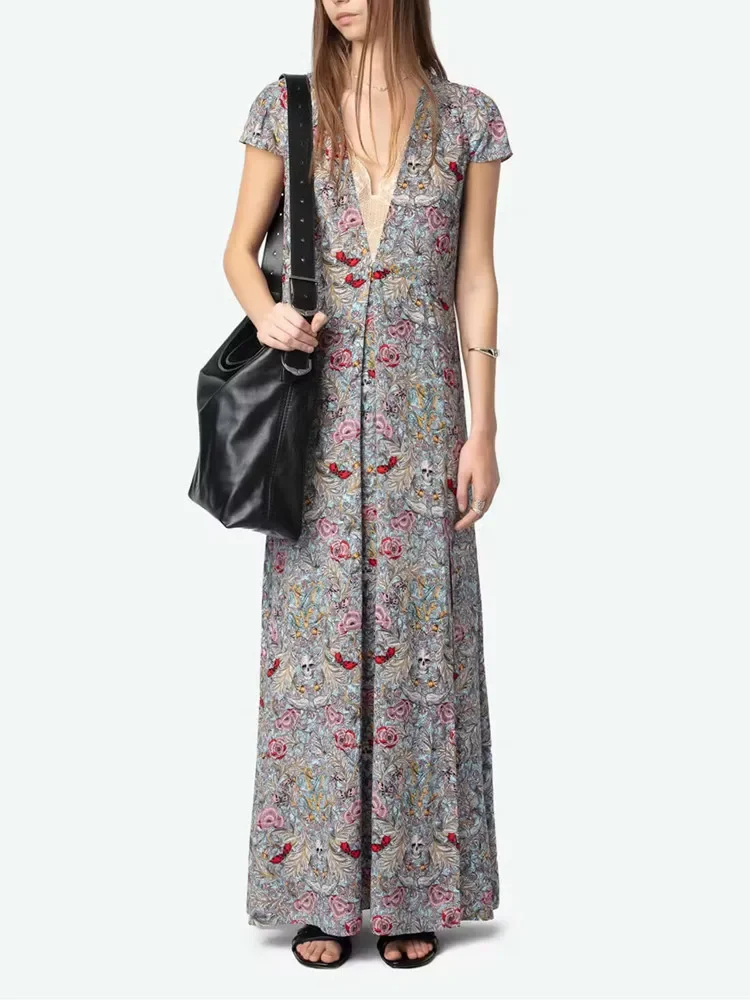

Floral Print Long Dress for Women 2025 New Lace Stitching V-Neck Short Sleeve Hem Split Vintage Ladies Robe