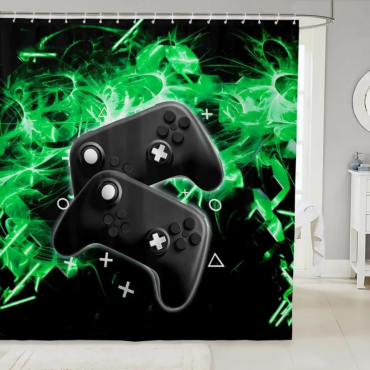 Gradient Gamepad Shower Curtain, Modern Gamer Video Game Style, Novelty Action Buttons Print, Waterproof Polyester Bath Curtain