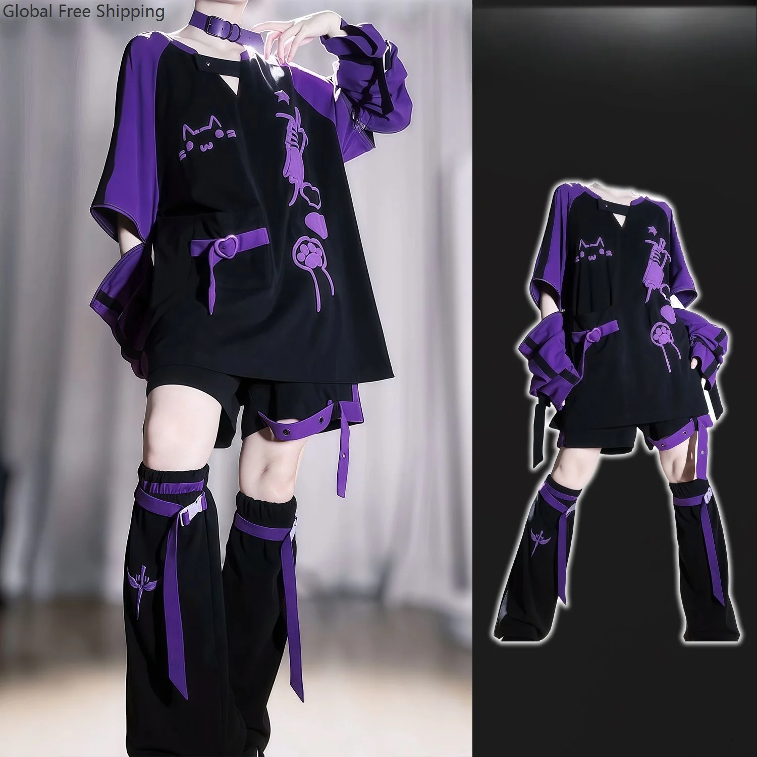 

Japanese-style Cool Y2k Cosplay Delinquent Girl Detachable T-shirt Shorts Leg Covers Set Gothic Casual Wear Theme Party Outfits