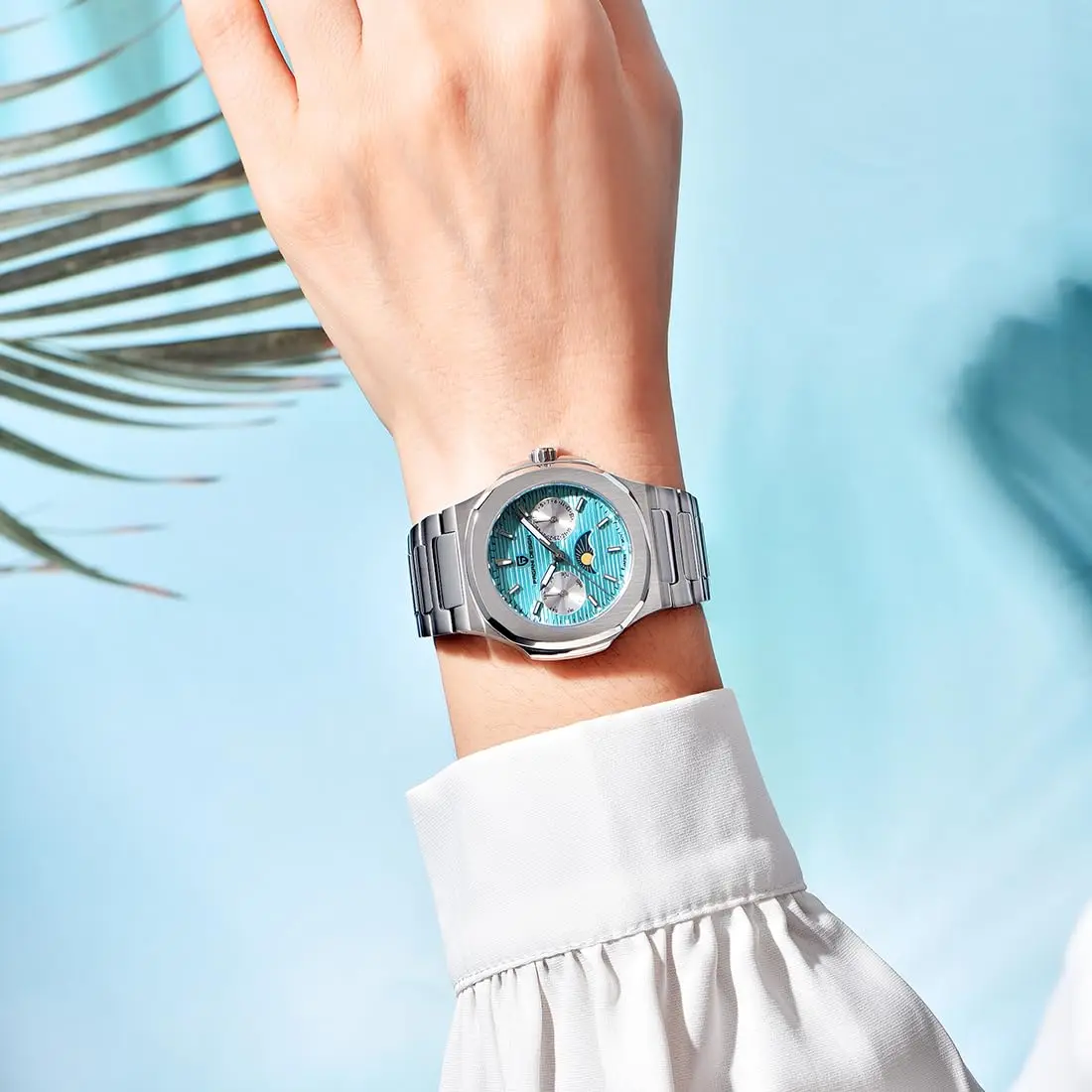 PAGANI DESIGN PD-1786 Relojes de cuarzo para mujer Reloj de pulsera resistente al agua de acero inoxidable de lujo de 32 mm con fase lunar