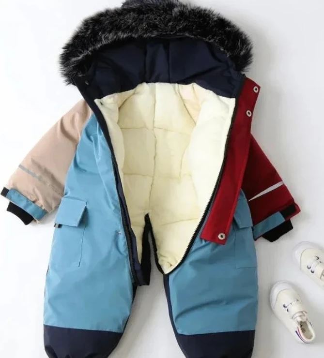 

2025 Children Jumpsuits Thick Warm for Boys Baby Coat Winter Patchwork Color Hooded Baby Girl Romper Skiing Clothing