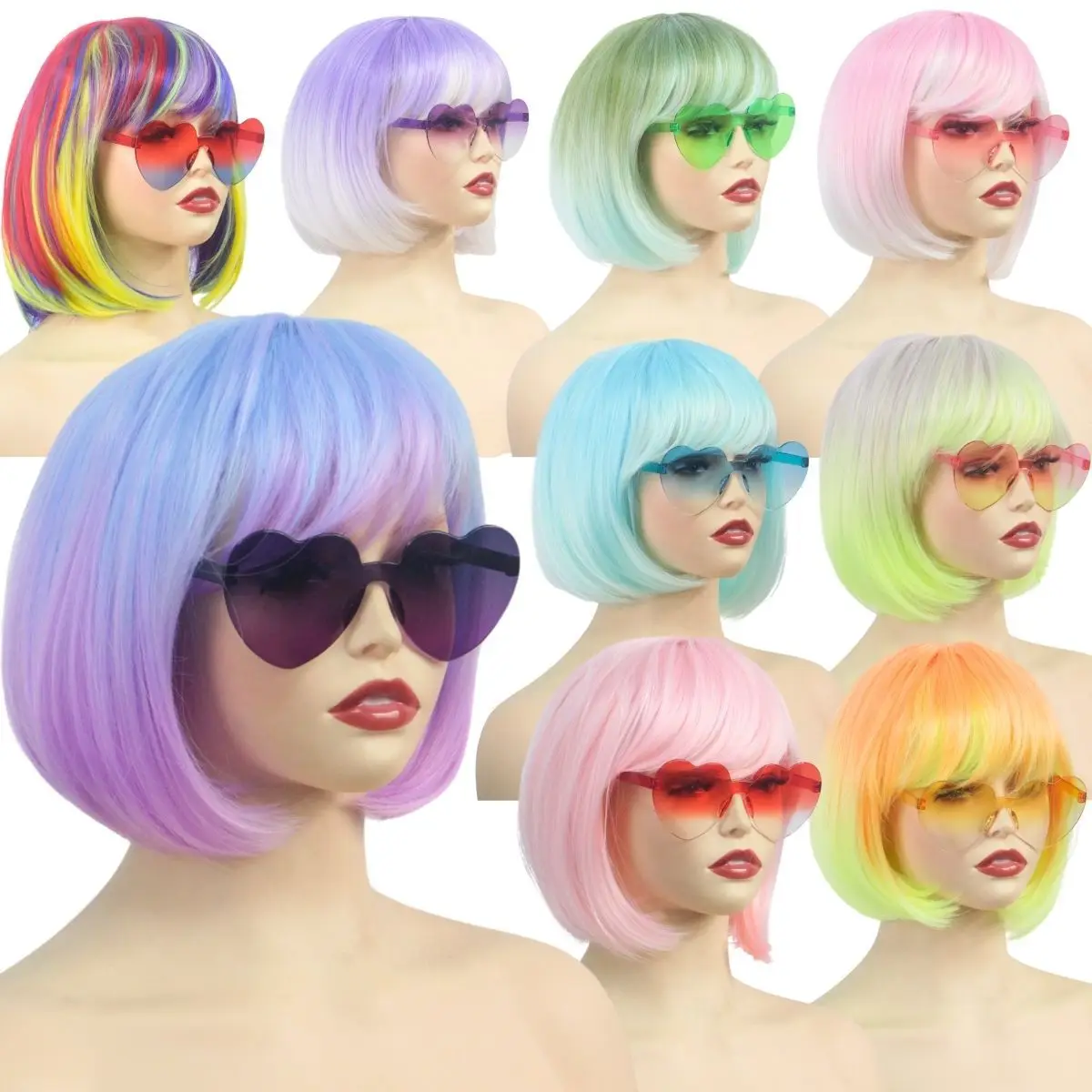 

Colorful Gradient Bob Wig with Bangs for Women 8inch Synthetic Short Bob Hair Wig Set for Anime Party Outfit Cosplay Halloween