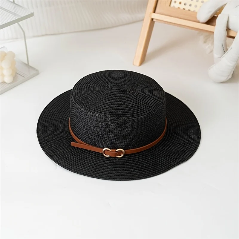 

Соломенная шляпа с плоским верхом, аксессуары для ремня, летняя солнцезащитная шляпа для отдыха, женская модная пляжная шляпа-каноте, подарки