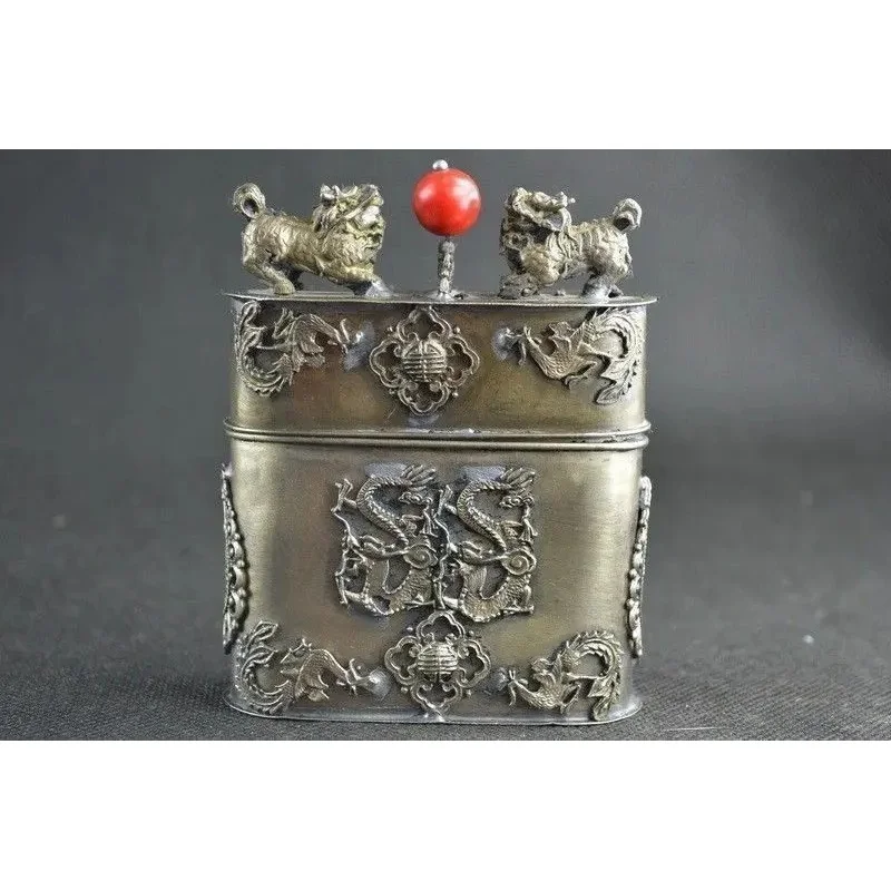 Old Collectibles Handwork Miao Silver Carving Kylin Dragon & Phoenix Tobacco Box