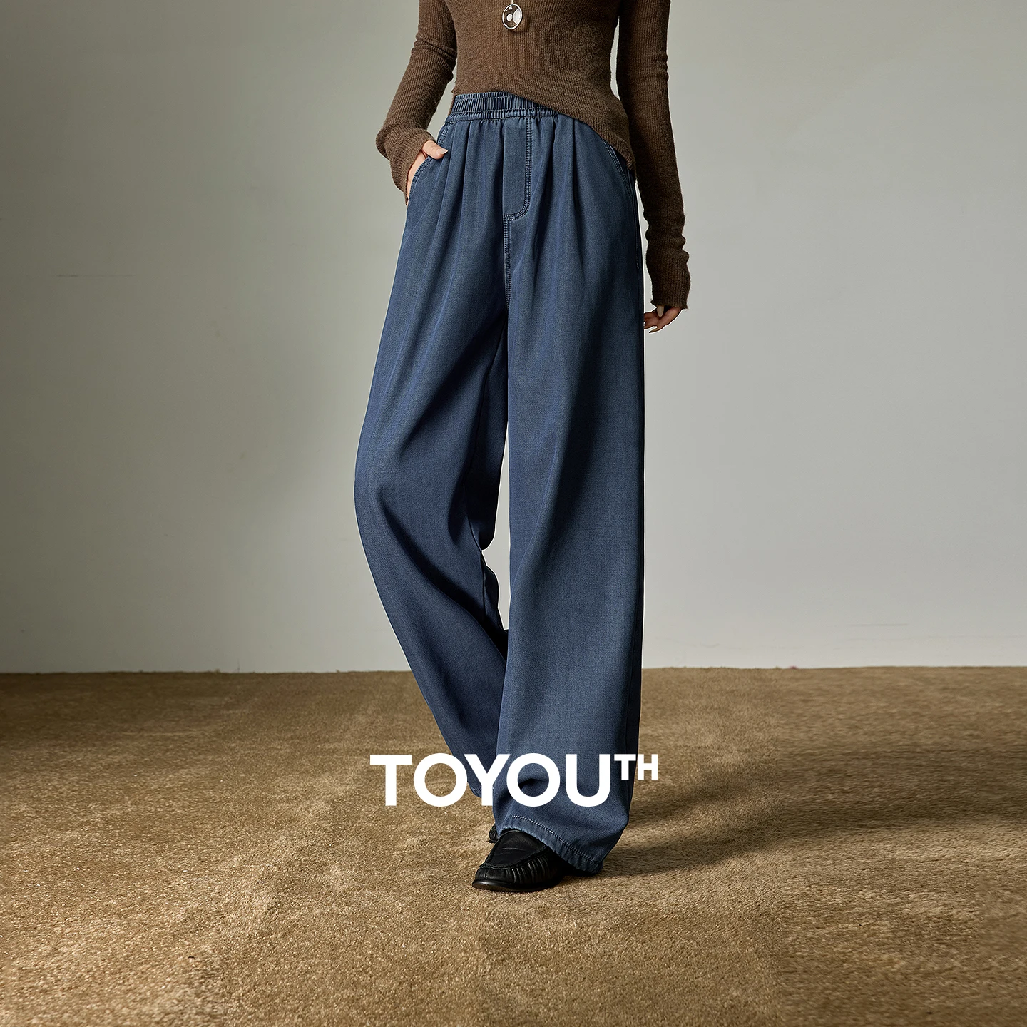 

TOYOUTH 2025 зимние новые женские джинсовые брюки из лиоцелла, теплые свободные повседневные брюки на флисовой подкладке с широкими штанинами и эластичной резинкой на талии