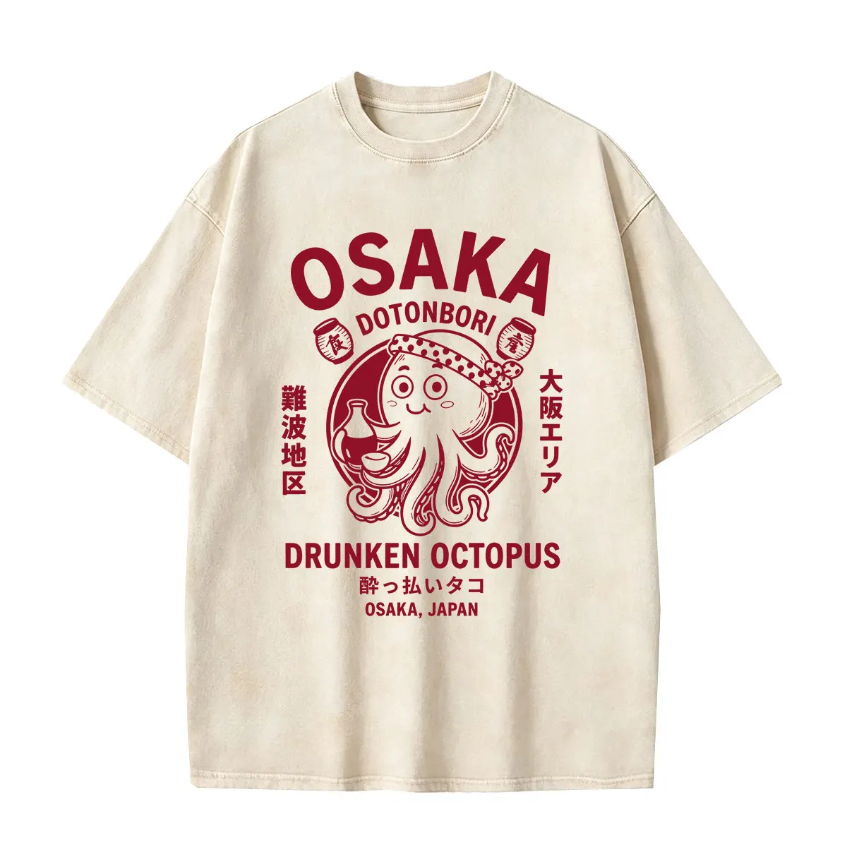 Osaka Dotonbori Drunken Octopus Graphic T Shirts Japanese Harajuku Vintage Washed T-Shirt Men Women Oversized Tshirt Streetwear