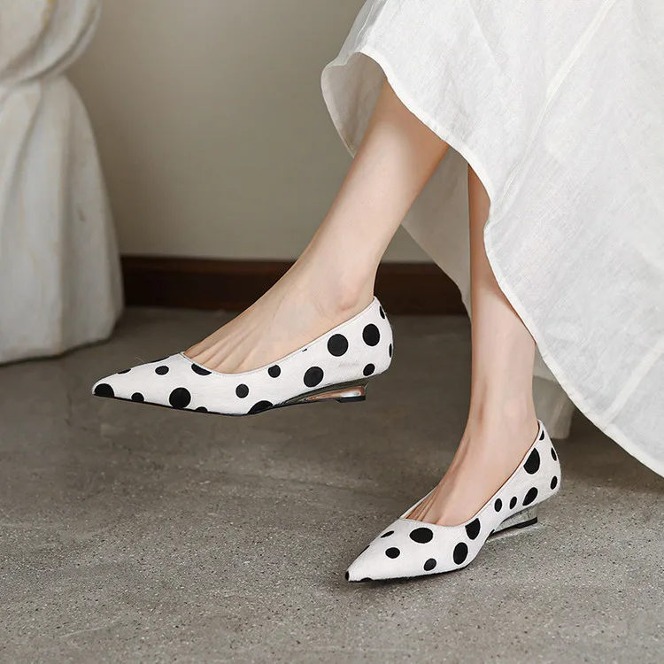 2026 Shoes Yellow Polka Dot Pointed Toe Low - Heel Shoes, Fashion Retro Horsehair Flats, Versatile Women's Pumps for Commute