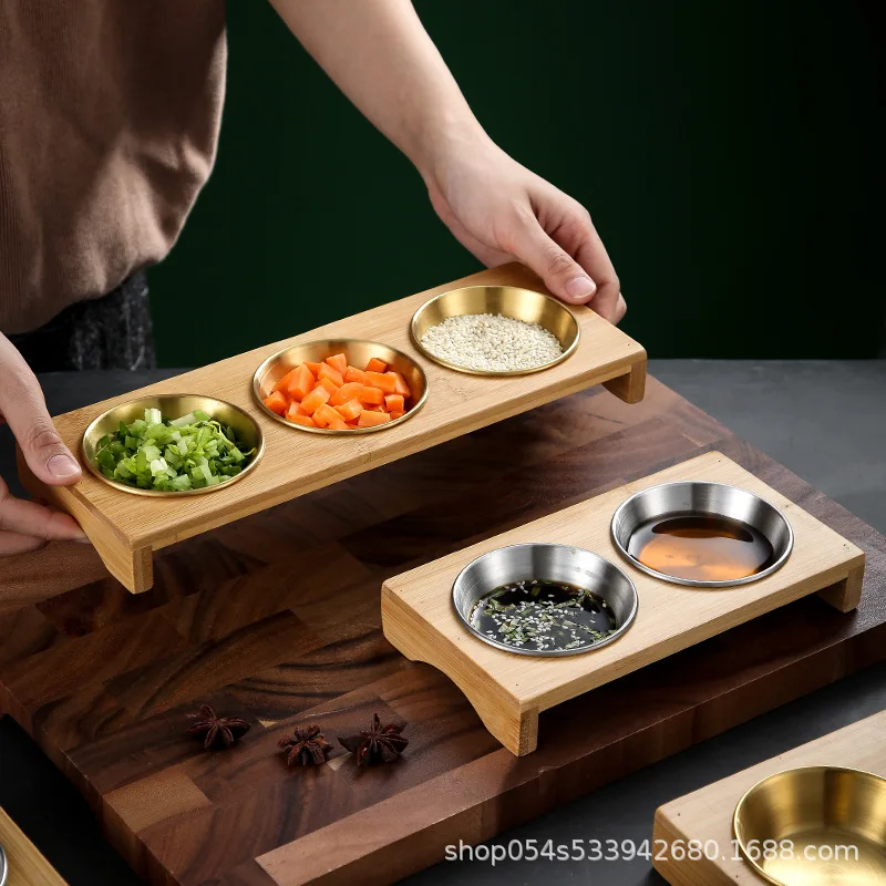 

304 Stainless Steel Sauce Dish, Barbecue, Hot Pot, Cold, Compartment with Wooden Pallet, Sauce Dipping Plate