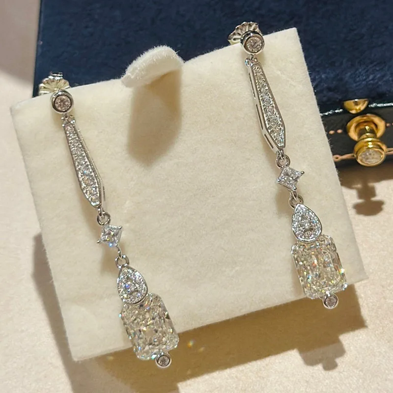 

Vintage Art Deco 925 Silver Princess Cut Moissanite Ear Drop Dangle 3 Carat Lab-grown Diamond Tassel Earrings Gorgeous Jewelry
