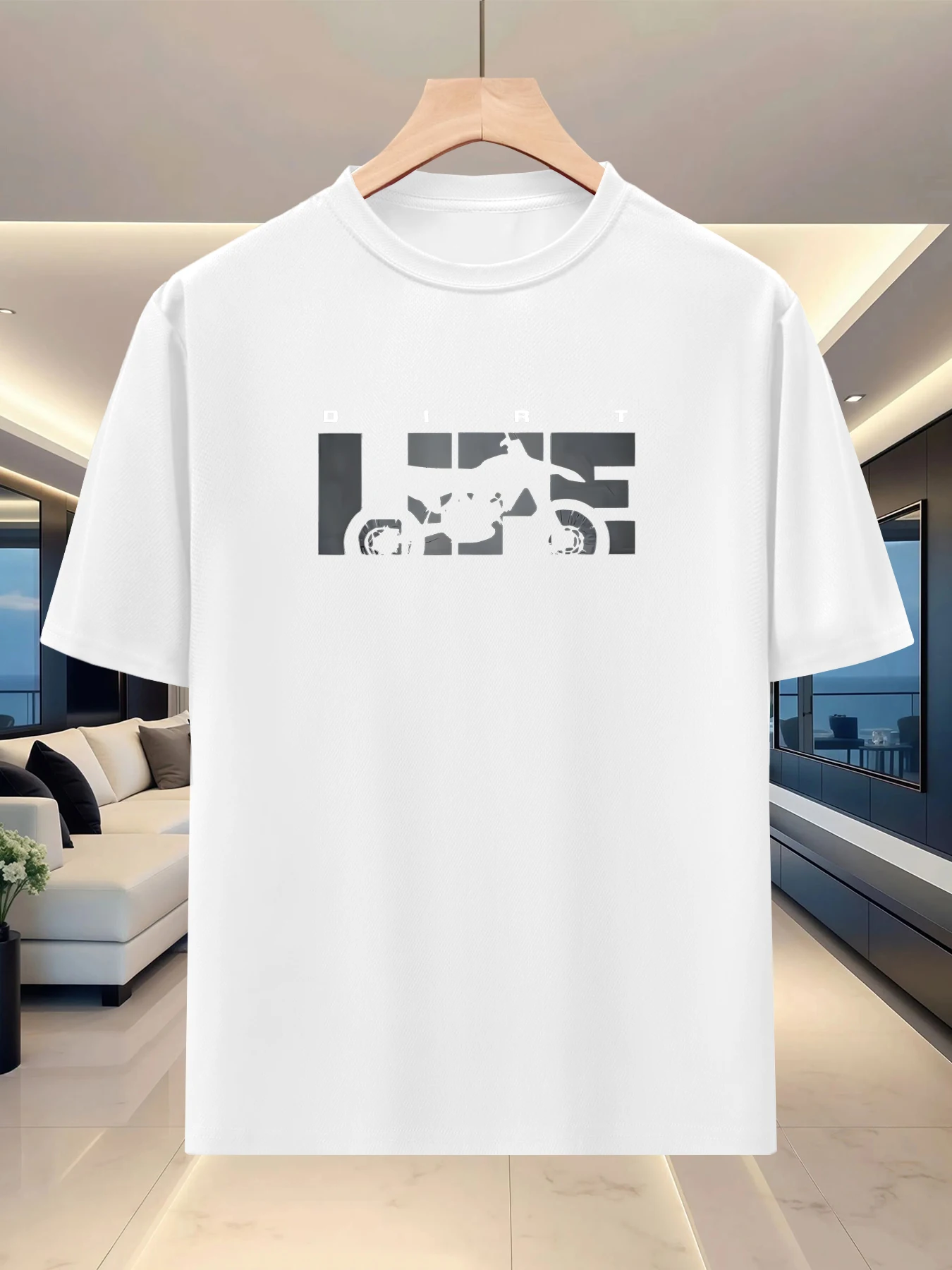 Soft and lazy men's silhouette round neck top, spring and summer travel trend graphic print loose base shirt
