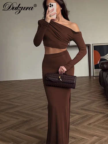 Imagen 2 del producto Dulzura Conjunto de falda de 2 piezas para mujer, liso, sexy, elegante, con hombros inclinados, manga larga, fruncido, falda larga, conjunto a juego para fiesta y club