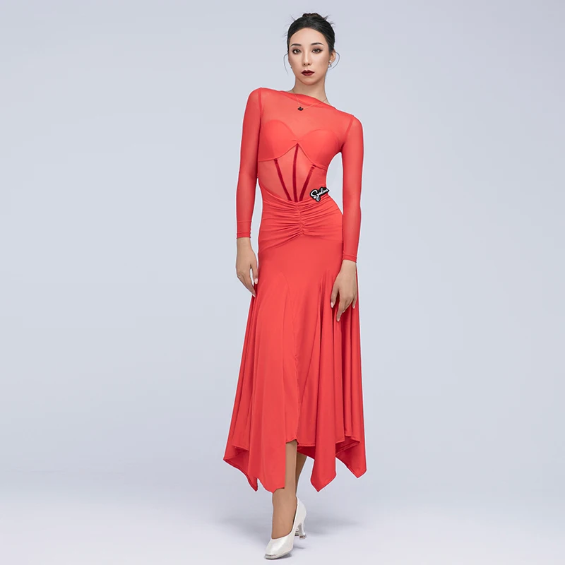Red Ballroom Dance Dress Women Competition Clothing Backless Long Sleeves Practice Clothes Waltz Dance Wear Prom Dress DNV22079