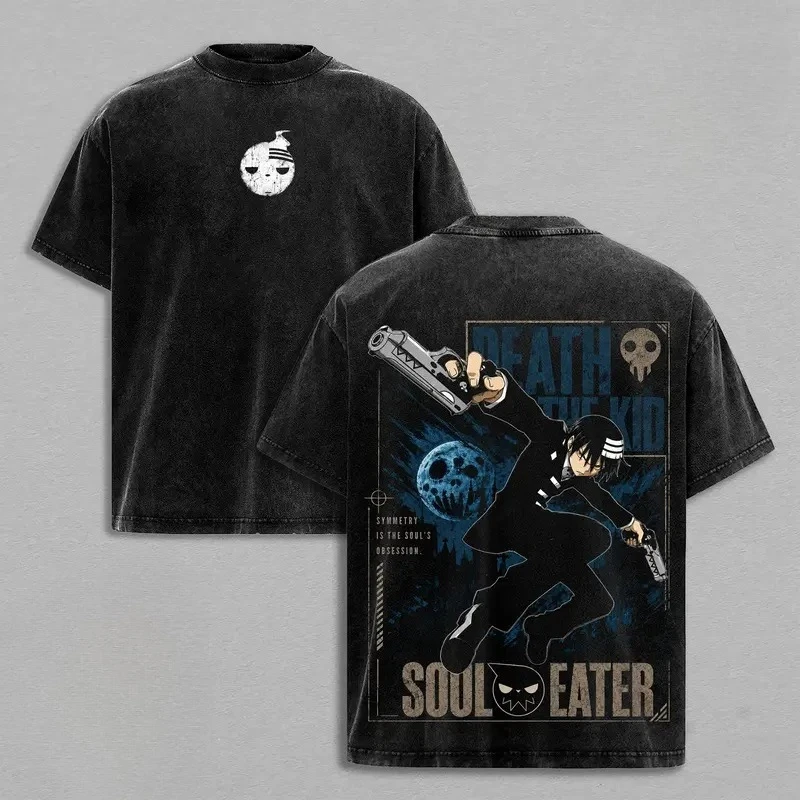 Death The Kid Soul Eater Clothing Men Short Sleeve Manga T-shirts Vintage Washed T Shirt Casual Cotton Tee Harajuku Male Tshirt