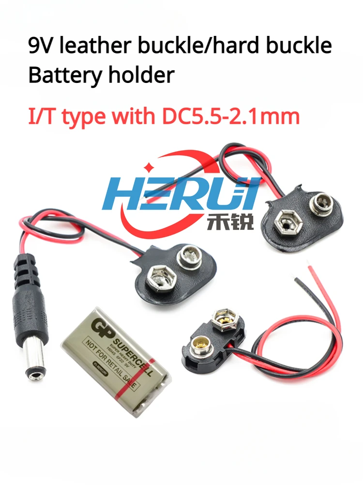 5pcs  6F22 Battery holder 9V battery buckle Type I/T With DC5.5-2.1mm power plug Leather buckle/hard buckle