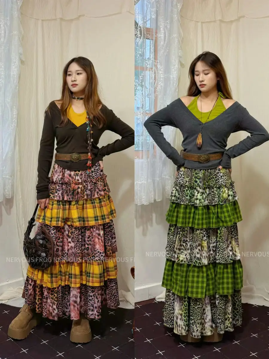 Retro Leopard-Plaid Patchwork Tiered Skirt for Women Elastic Waist Ruffled Layered Cake Maxi Skirt Fashion Y2K 2000s Boho Design