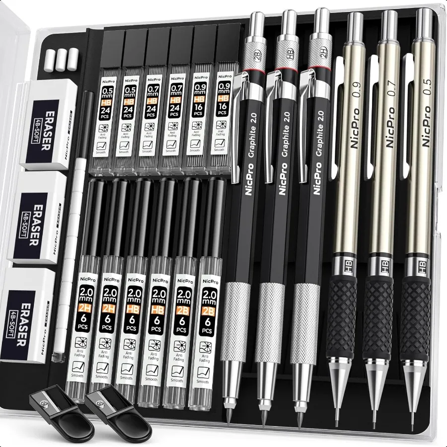 

6PCS Art Mechanical Pencil Set 3PCS Metal Drafting Pencil 0.5 mm 0.7 mm 0.9 mm 3PCS 2mm Graphite Lead Holder 2B HB 2H For Writi