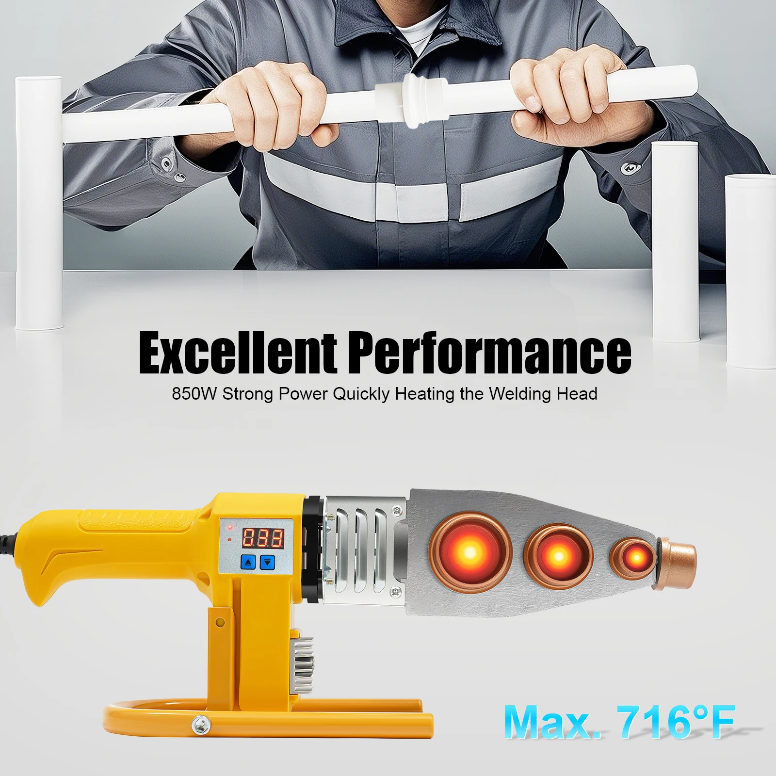 Soudeur de tuyaux en plastique, outil de soudage de tuyaux en plastique, Machine de soudage de tuyaux 32-716 ° F avec 6 têtes de matrice, boîte, soudage PPR, Pb, PE, Pert, PP