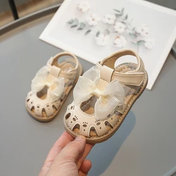 2024 Summer Girl's Sandals Hollow-out Pink Beige Toddler Kids Sliders Cover Toe Breathable Hook-loop Fashion Children Shoes