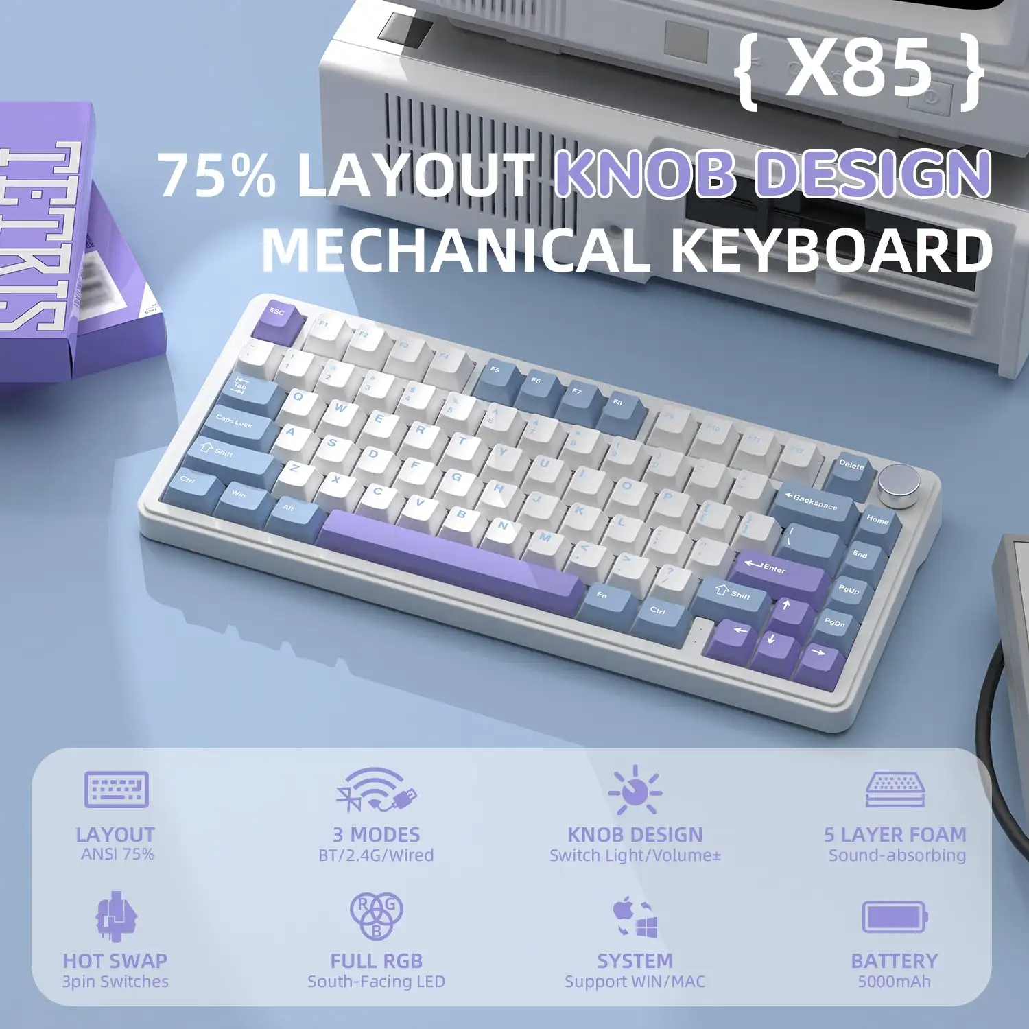 

Механическая клавиатура Attack Shark X85 RGB с металлическими ручками, полной поддержкой горячей замены клавиш, беспроводным подключением Bluetooth и три режима работы для Windows