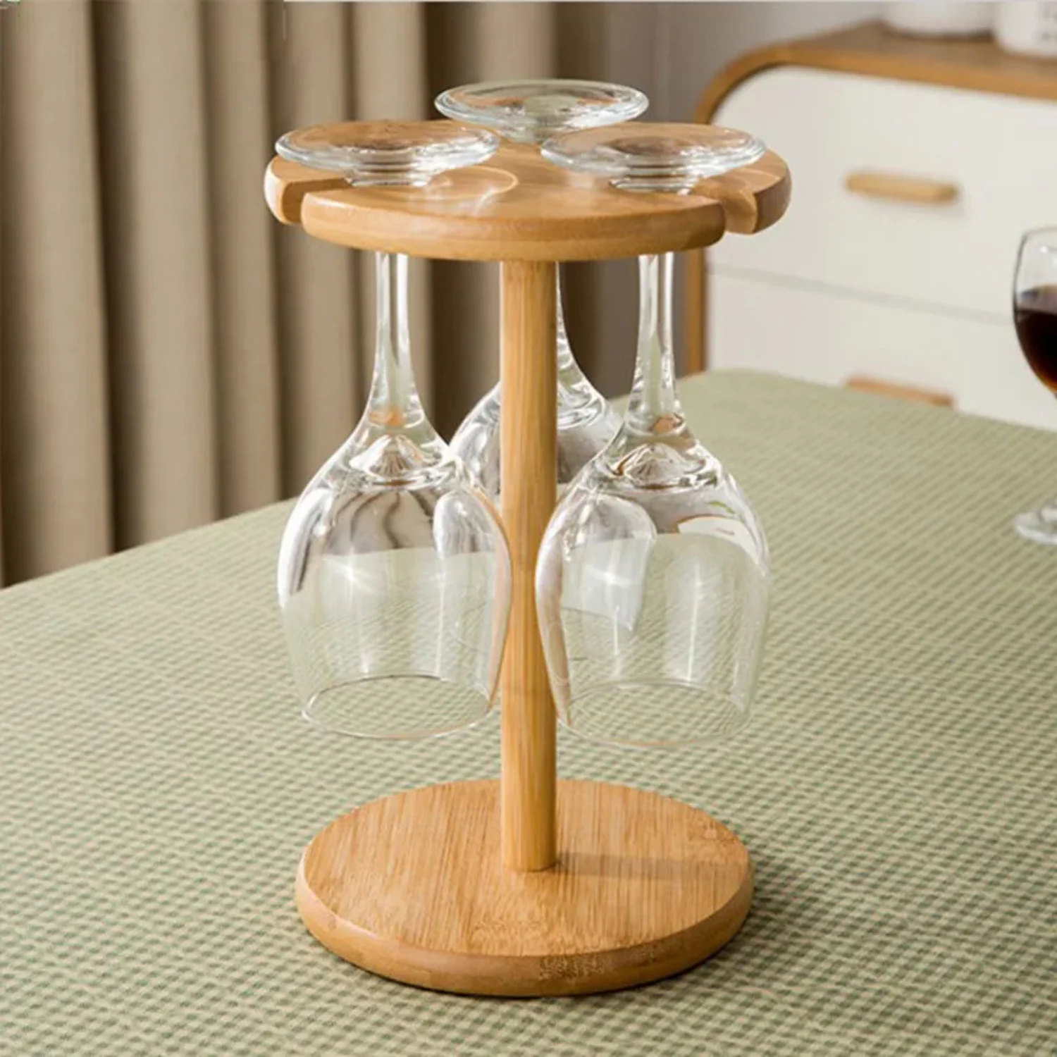 

Handcrafted Solid Wood Wine Rack with Hanging Glass Holder - Kitchen Storage Organizer and Ornaments Home Decoration