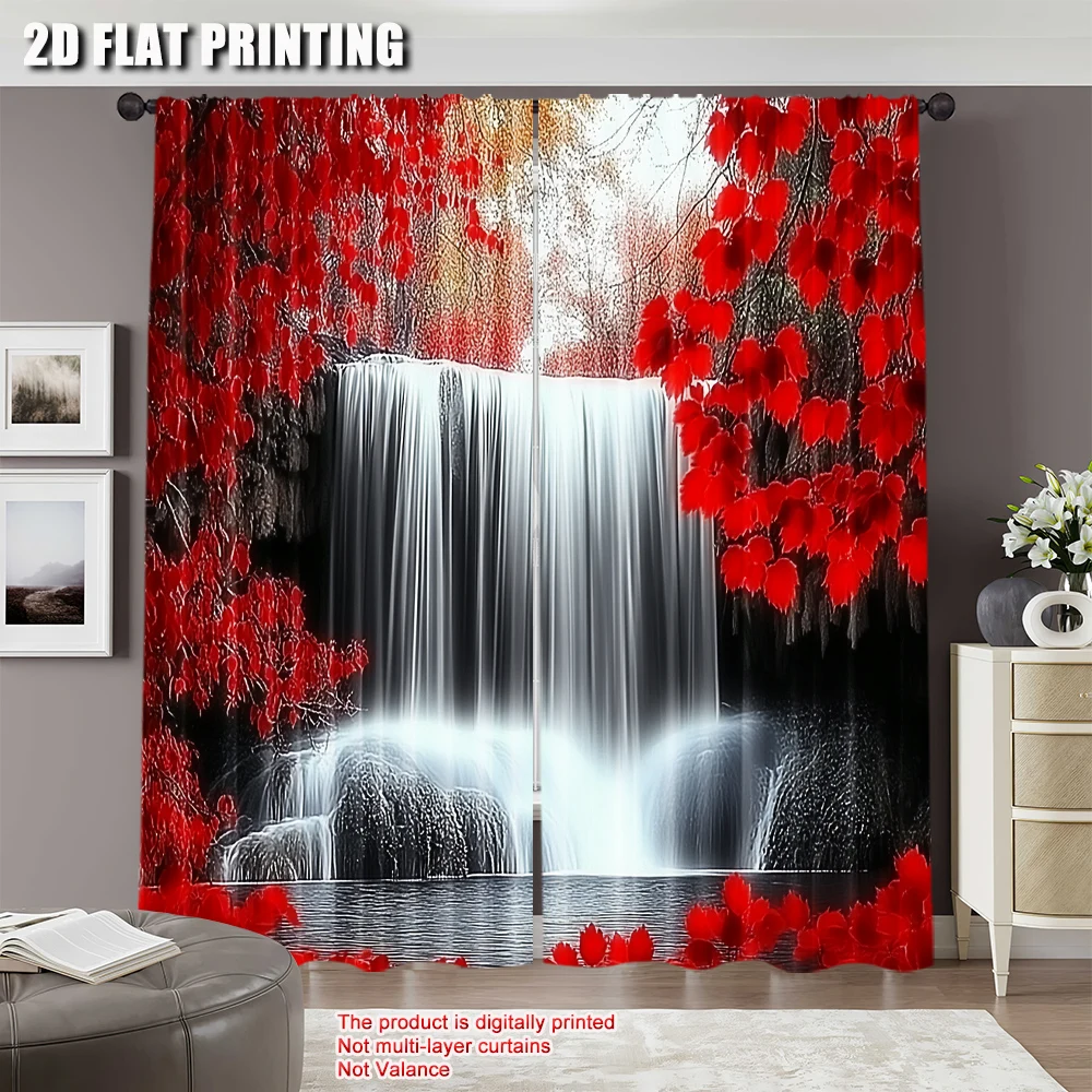 2Pcs Red Forest Waterfall Windows Curtains Waterfall Red Forest Black And Red Natural Landscape Print Curtain For Living Room