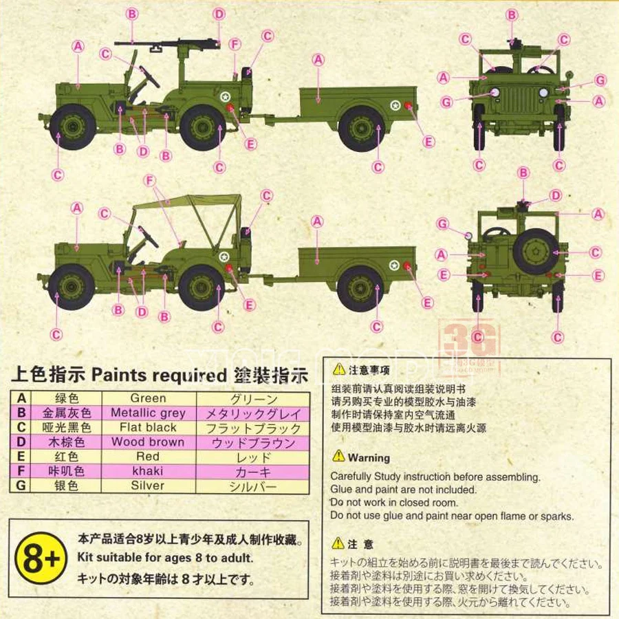 S-model Plastic Assembled Model Kit PS720046 Willys MB & Trailer 2 quickbuild kits per box 1/72