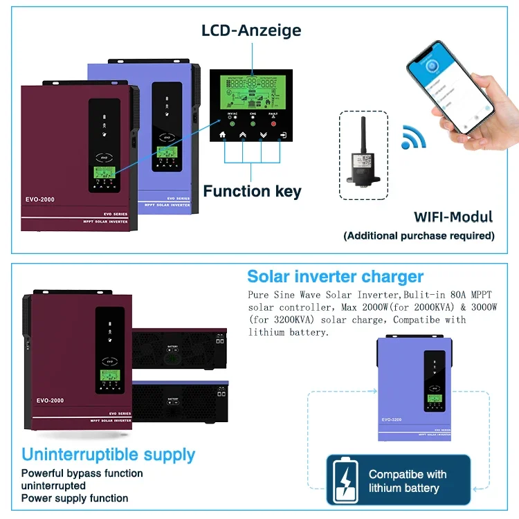 อินเวอร์เตอร์พลังงานแสงอาทิตย์ไฮบริดความถี่ต่ำ3KW กริดอินเวอร์เตอร์ออฟกริดพร้อมเครื่องควบคุมการชาร์จ MPPT สำหรับบ้าน