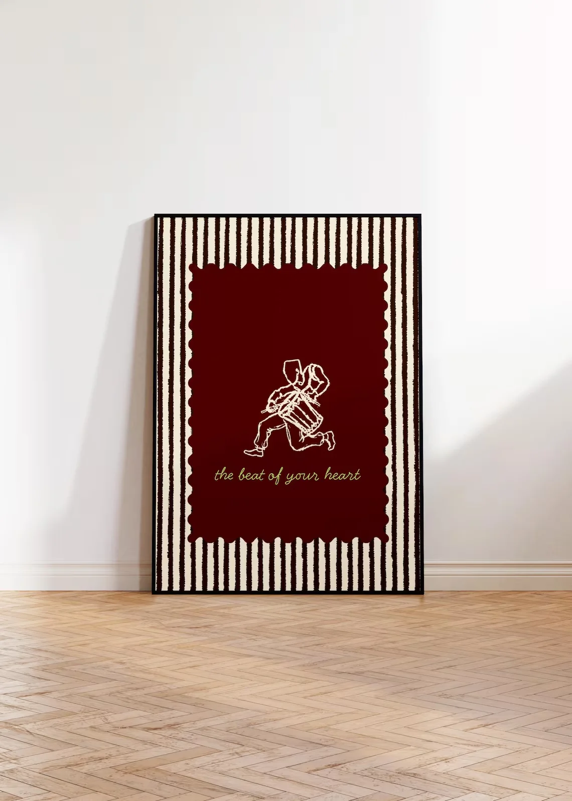 Retro Striped Drummer Wall Print Decor - Stylish Graphic Print Featuring a Line Art Drummer, Set Against a Scalloped Maroon Back