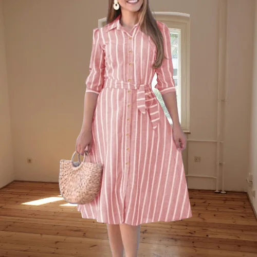 

Knee Length Dresses Women Single Breasted Dress Sashes Beach Spliced Striped Half Sleeve Loose Turn Down Collar Casual Vestidos