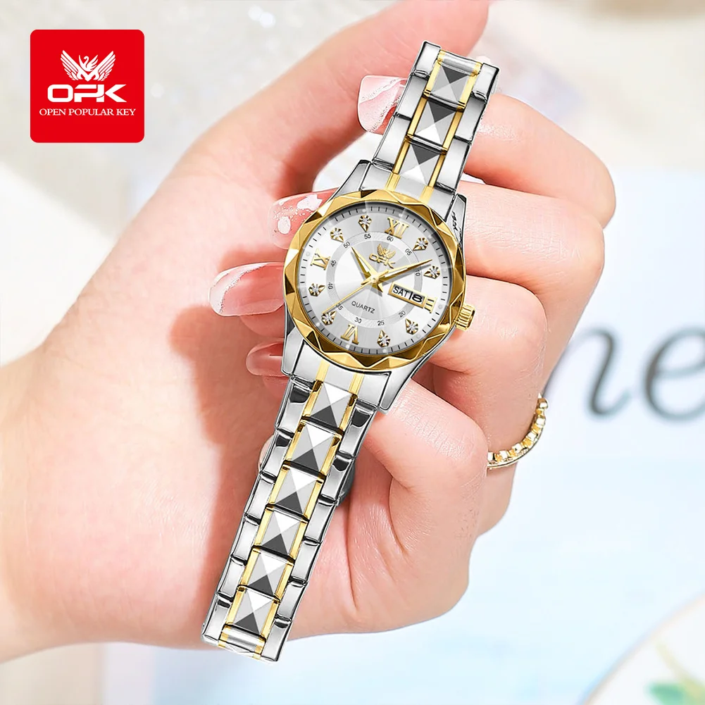 OPK Women Watches 6023L Elegant Fashion Original Quartz Watch for Lady Waterproof Stainless Steel Strap Small Dial Luminous Date