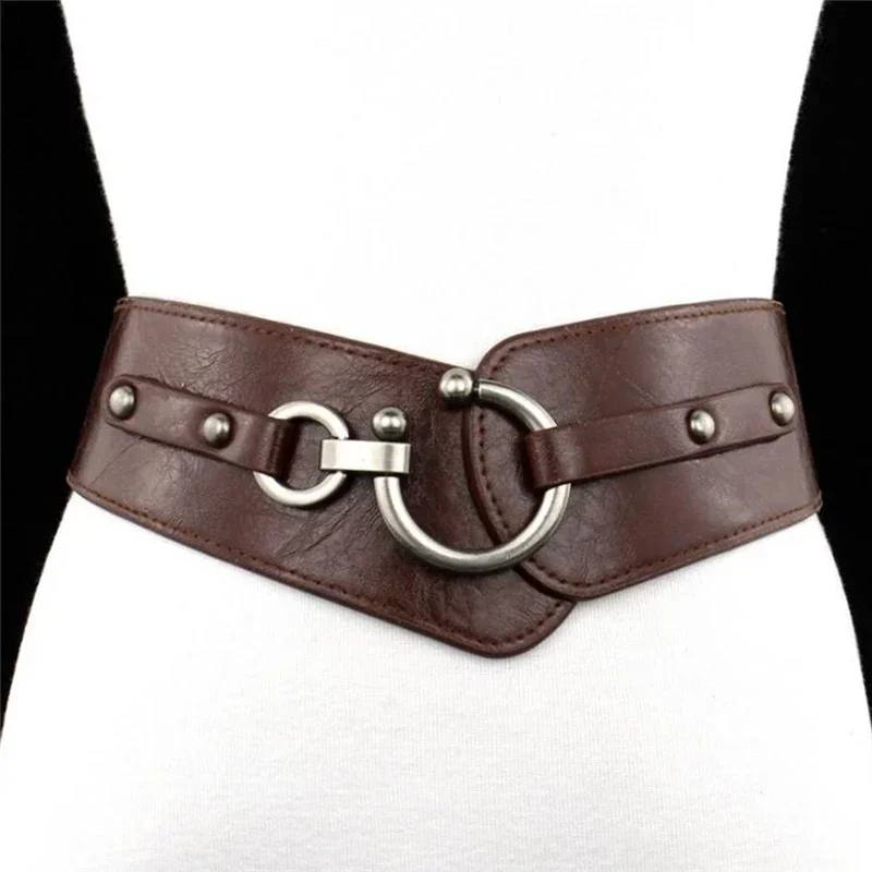 New Fashion Elastic Wide Belt Strap Vintage Women Faux Leather Buckle Elastic Wide Belt Strap Solid Color Waistband