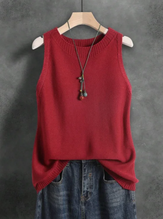 Ladies Summer Casual Knitted Vest French Vintage Artistic Solid Color Topwear Premium Sleeveless Knitted Sweater