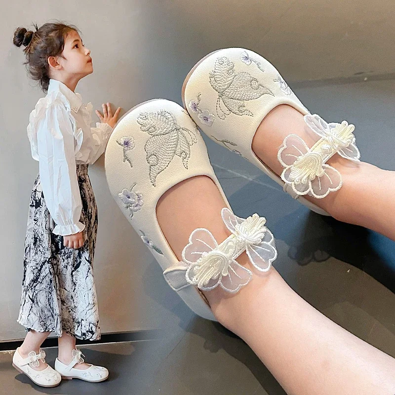 Girls Casual Shoes Spring Autumn New Pink Soft Girls Single Shoes Green Embroidery Flat Kid Girls Small Leather Shoes Sandals