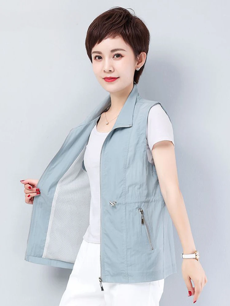 

Spring Summer Thin Waistband Vest 4XL Women Sleeveless Jackets Casual Sun Protection Waistcoat Loose Turn-down Collar Coat