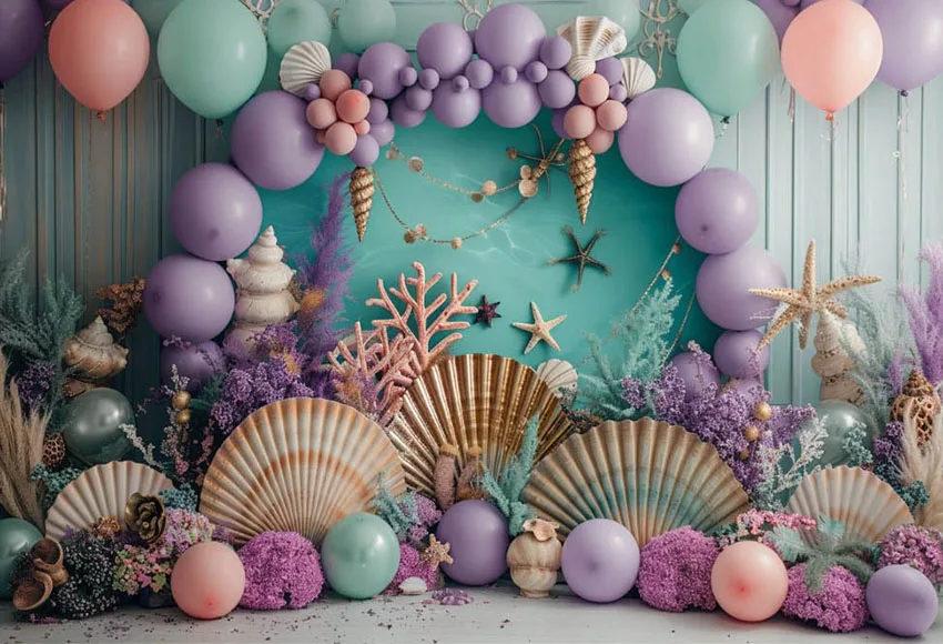 Mehofond-Fondo de fotografía con arco de sirena, globos, conchas, pastel de fiesta de cumpleaños para niña, retrato de Smash, decoración, telón de fondo para estudio fotográfico